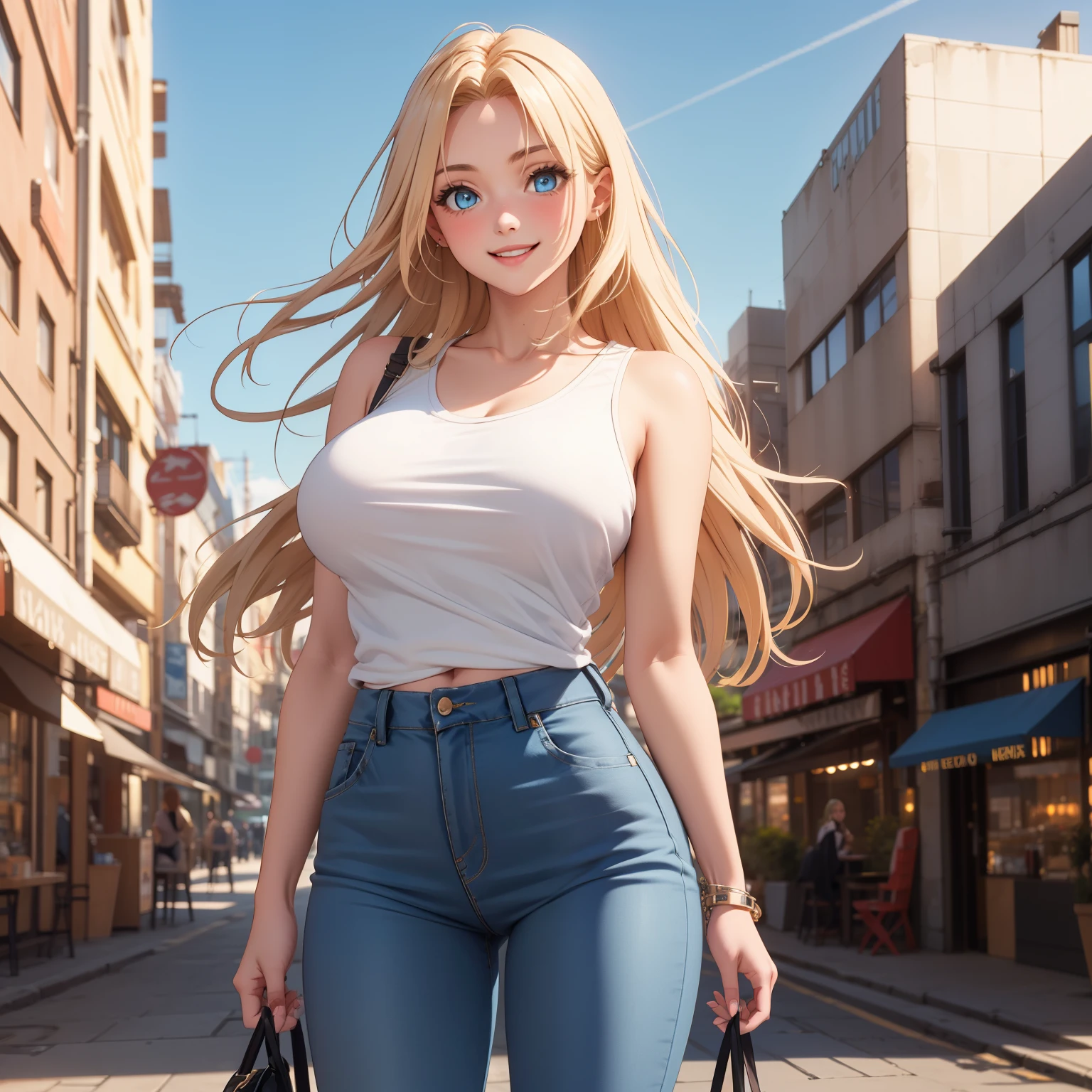 Row, 25 year old young woman. blonde hair with highlights, blue eyes like the sky. happy smile, big breasts, blue and white top, skinny jeans,  background an urban city by day.