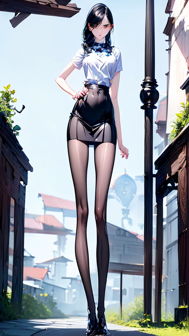 ((highest quality,4K,High resolution,masterpiece:1.2)),((Character Concept Art)), 1 female, Teenage girl, 15 year old asian beauty queen,,(The legs are very thin and straight)，,(Very long legs，Straight Legs),,Low heel,Long legs,stand up, Leg length from the front, Perfect body,Have perfect legs,(External)，, ((shoulder-length black hair)), Black Hair, (Fair skin color), Very detailed eyes (Black eye color), Innocent, beautiful, , slim body build, ((Intricate details)), Very finely crafted needles, Very finely crafted fingers(((10 fingers))), Wear a white short-sleeved school shirt with a bow tie, Gray school skirt, Knee-length school socks, Black school loafers, (Standing casually), (Full-body showcase), (Show your whole body), (No logos on background), (No logo), ((Plain background)), ((Plain background)), (((Sky Background)))