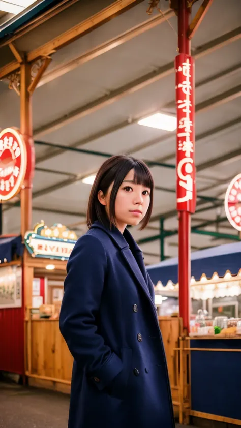 a full color portrait of a  20 year old cute japanese woman,wearing  a navy blue coat, bustling county fair, watching shows, dar...