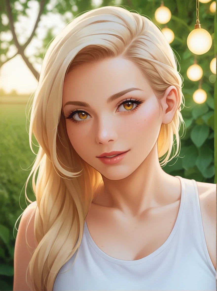 A serene close up photograph of a boho volumpus buxom woman with blonde hair in a loose updo and light skin in a fair complexion,standing ona terrace or balcony. She gazes peacefully at the camera, wearing a low-cut, light beige tank top. The surrounding area is adorned with lush greenery, including trees and plants, . The vast landscape in the background features a distant cityscape, while the night sky is dotted with golden stars, adding an enchanting touch to the scene., photo, portrait photography, vibrant