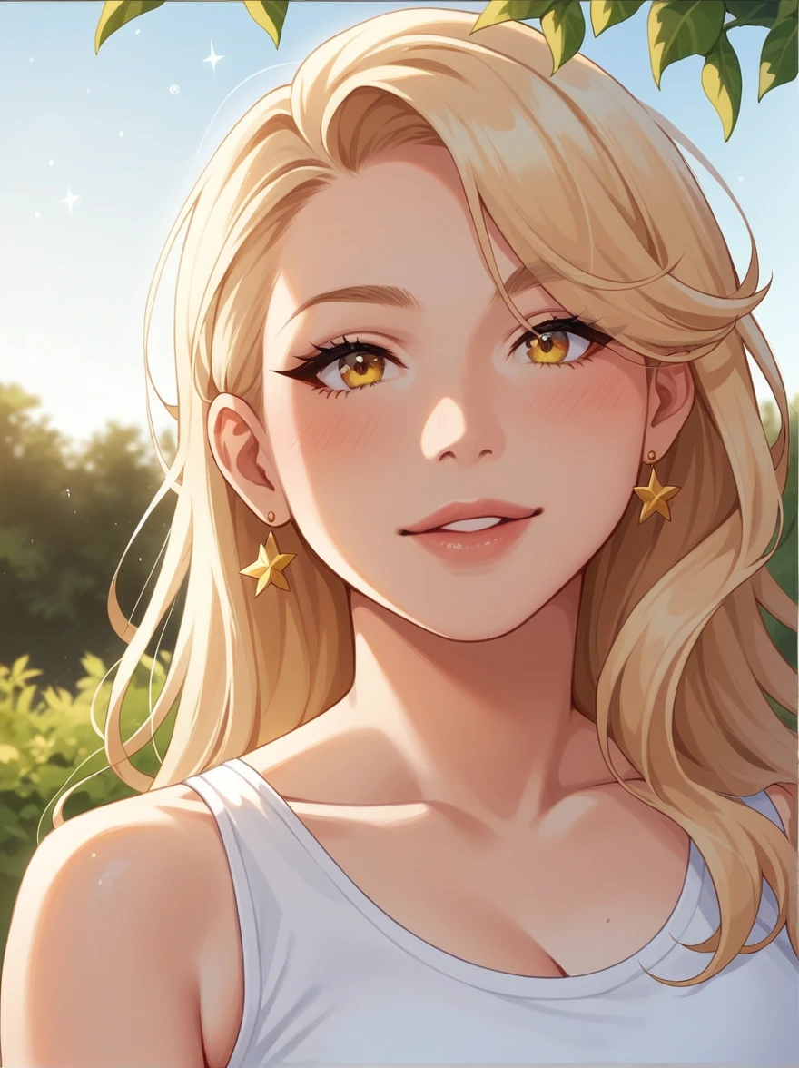 A serene close up photograph of a boho volumpus buxom woman with blonde hair in a loose updo and light skin in a fair complexion,standing ona terrace or balcony. She gazes peacefully at the camera, wearing a low-cut, light beige tank top. The surrounding area is adorned with lush greenery, including trees and plants, . The vast landscape in the background features a distant cityscape, while the night sky is dotted with golden stars, adding an enchanting touch to the scene., photo, portrait photography, vibrant