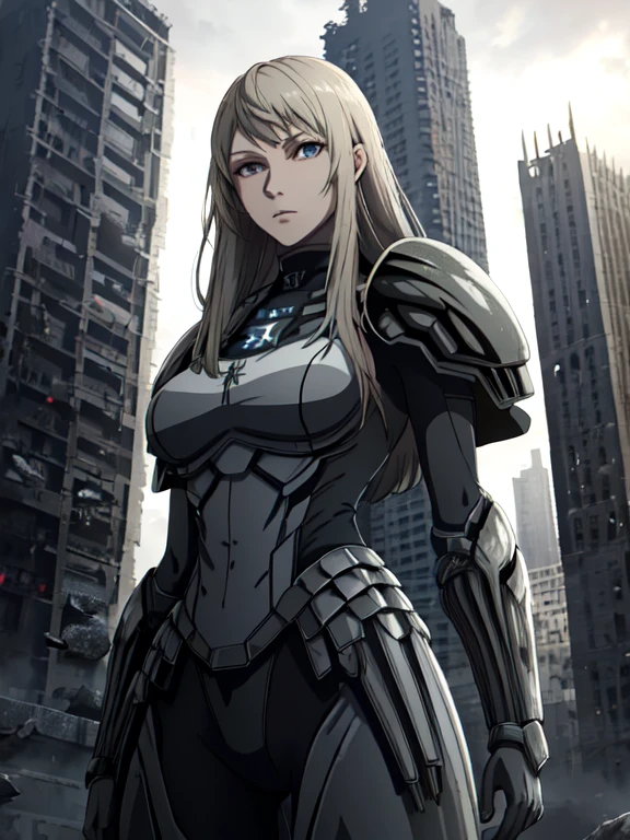 city ruins， A high resolution, (masterpiece:1.4), A very detailed, 1 girl, from below, space,They are standing, wear armor, sharp focus, (cinematic lighting), (1 girl), slight smile，The 5 fingers on each hand are super detailed，Perfect body type：1.4，premium，natural light，extremely delicate，official art，posing in a，