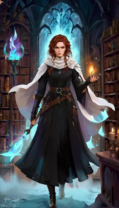 a masterwork picture of a sorceress casting a spell in magical library, exquisite beautiful woman, dynamic hair color, dynamic h...