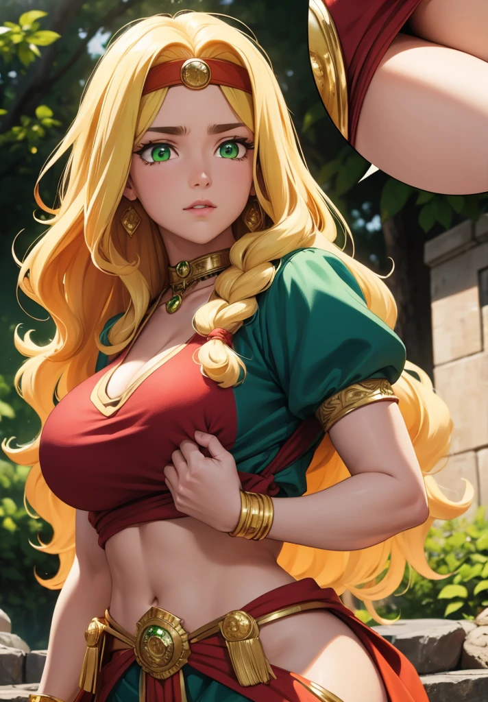 quetzalcoatl, quetzalcoatl, long hair, sidelocks, yellow hair, (green eyes:1.5), wavy hair, (large breast:1.2),
BREAK aztec, bracelet, choker, headband, headdress, jewelry, midriff, navel, short sleeves, wristlet,
BREAK looking at viewer,
BREAK outdoors,
BREAK (masterpiece:1.2), best quality, high resolution, unity 8k wallpaper, (illustration:0.8), (beautiful detailed eyes:1.6), extremely detailed face, perfect lighting, extremely detailed CG, (perfect hands, perfect anatomy),