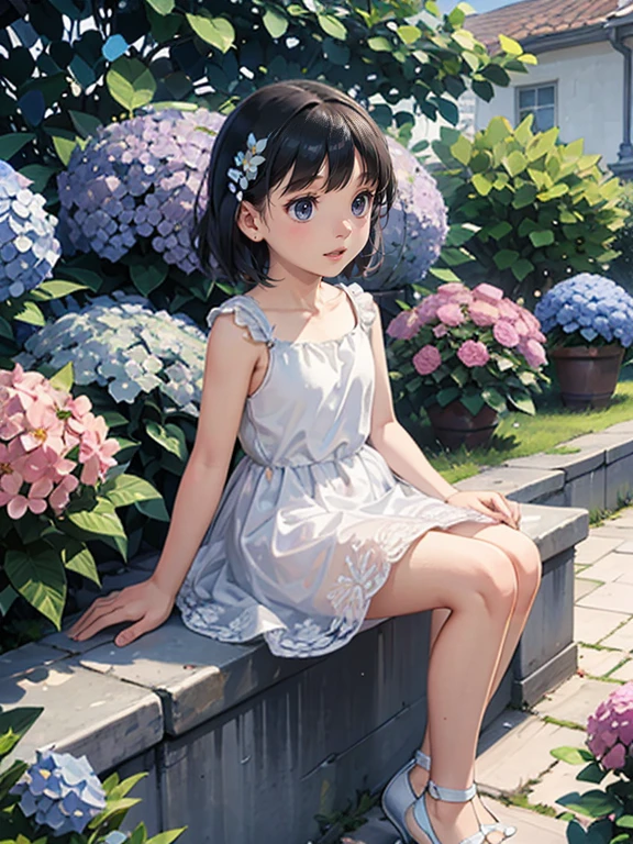 Realistic Skin, Ecstasy, Very short stature，Very thin thighs，13 years old，Small child:1.3，((Fully transparent:1.3) Floral Casual Dresses)，Cute Underwear，Spread your legs，outside，summer garden，Hydrangea flowers，