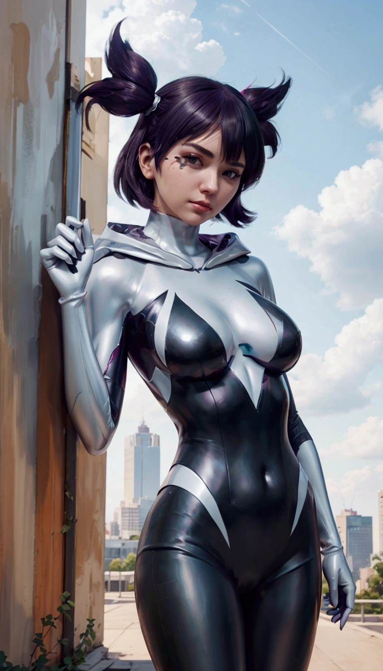 Close-up of a woman in a black and silver suit, Ilya Kuvshinov and ArtJam, ArtJam and Ilya Kuvshinov, Ilya Kuvshinov. 4k yen, extremely detailed ArtJam, Very detailed fan art, style ArtJam, ArtJam style, ig model | ArtJam, Spider-Gwen