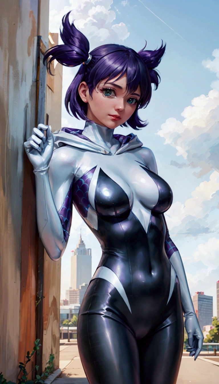 Close-up of a woman in a black and silver suit, Ilya Kuvshinov and ArtJam, ArtJam and Ilya Kuvshinov, Ilya Kuvshinov. 4k yen, extremely detailed ArtJam, Very detailed fan art, style ArtJam, ArtJam style, ig model | ArtJam, Spider-Gwen