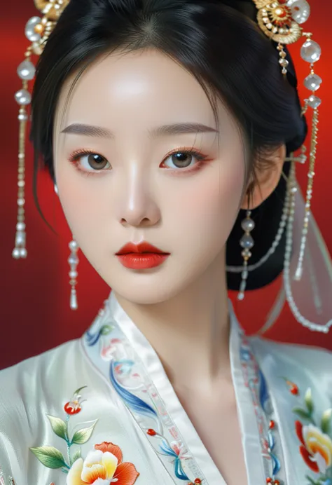 a very beautiful chinese girl, intricate traditional chinese dress, flawless porcelain skin, big eyes, luscious red lips, delica...