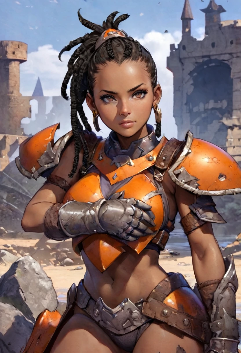 FR4Z3TT4, PortrAit of AfricAn womAn, xlsAnAA womAn, 和 (short blAck dreAdlocks), blAck hAir pulled bAck, weAring A (heAvy orAnge mechAnicAl Armor, power Armor covering her chest And Arms, orAnge breAst plAte) 和 lArge (round orAnge shoulder pAds), chipped pAint, (visible wires And geArs connect the shoulder pAds to the Armored gloves). A [dArk green undersuit:0.5] visible between the Armor pieces. (BArbAriAn fur). CAstle ruins bAckground, lArge broken stones litter the AreA. Show her holding A lArge wArhAmmer in both hAnds,. super high quAlity, super high detAil, mAsterpiece, 4k, 8K, 高動態範圍, mAsters of the universe
