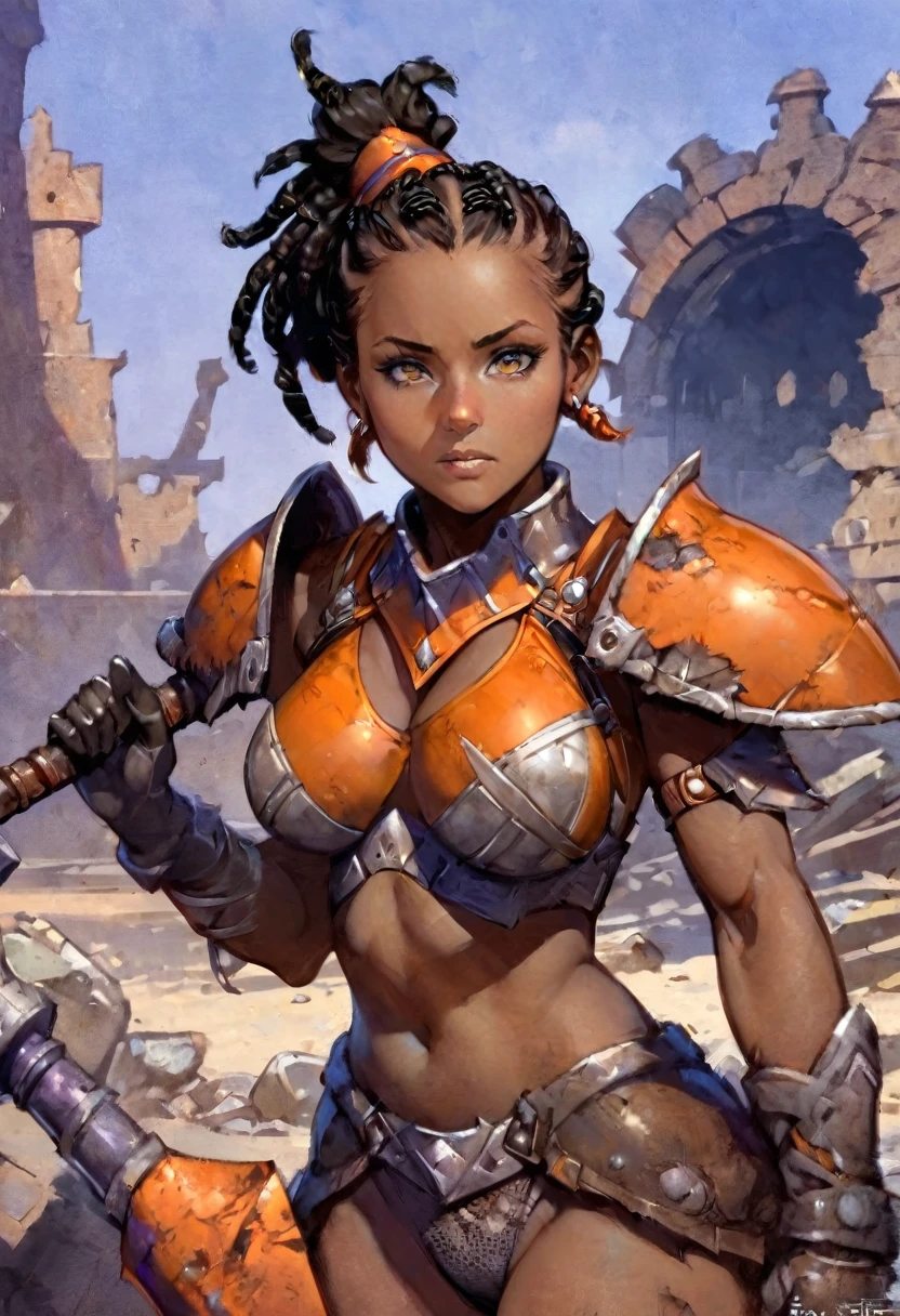 FR4Z3TT4, PortrAit of AfricAn womAn, xlsAnAA womAn, 和 (short blAck dreAdlocks), blAck hAir pulled bAck, weAring A (heAvy orAnge mechAnicAl Armor, power Armor covering her chest And Arms, orAnge breAst plAte) 和 lArge (round orAnge shoulder pAds), chipped pAint, (visible wires And geArs connect the shoulder pAds to the Armored gloves). A [dArk green undersuit:0.5] visible between the Armor pieces. (BArbAriAn fur). CAstle ruins bAckground, lArge broken stones litter the AreA. Show her holding A lArge wArhAmmer in both hAnds,. super high quAlity, super high detAil, mAsterpiece, 4k, 8K, 高動態範圍, mAsters of the universe
