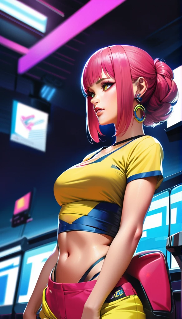 cyberpunk woman, pale skin, pawg, Bronx t-shirt, intricate cyberpunk outfit, bold colors, patterns, eye-catching accessories, trendy hairstyle, (best quality,4k,8k,highres,masterpiece:1.2),ultra-detailed,(realistic,photorealistic,photo-realistic:1.37),dramatic lighting,cinematic,digital art,concept art