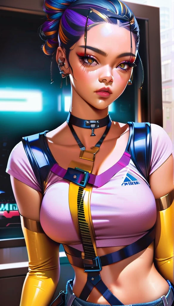 cyberpunk woman, pale skin, pawg, Bronx t-shirt, intricate cyberpunk outfit, bold colors, patterns, eye-catching accessories, trendy hairstyle, (best quality,4k,8k,highres,masterpiece:1.2),ultra-detailed,(realistic,photorealistic,photo-realistic:1.37),dramatic lighting,cinematic,digital art,concept art