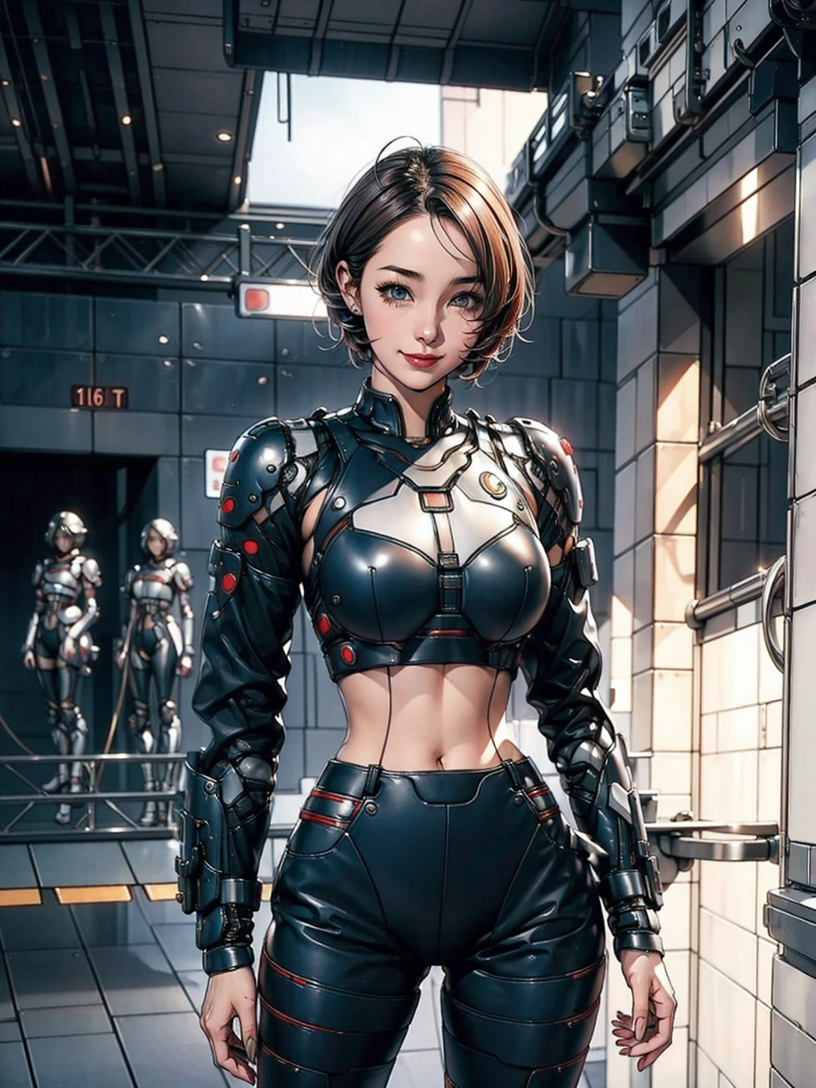 163 Short Hair,  (20-year-old woman, Are standing), Surreal, A kind smile, SF Cool Suit, (lipstick), Futuristic fighter
