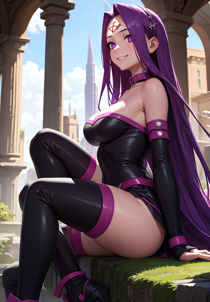 1girl, purple hair, absurdly long hair, forehead mark, purple eyes, animal collar, short dress, skirt, detached sleeves, arm belt, bracelet, thighhighs, sitting, from side, looking at viewer, smile, teeth, outdoors, ruins  score_9, score_8_up, score_7_up, score_6_up, score_5_up, score_4_up, (m-da s-tarou:0), masterpiece