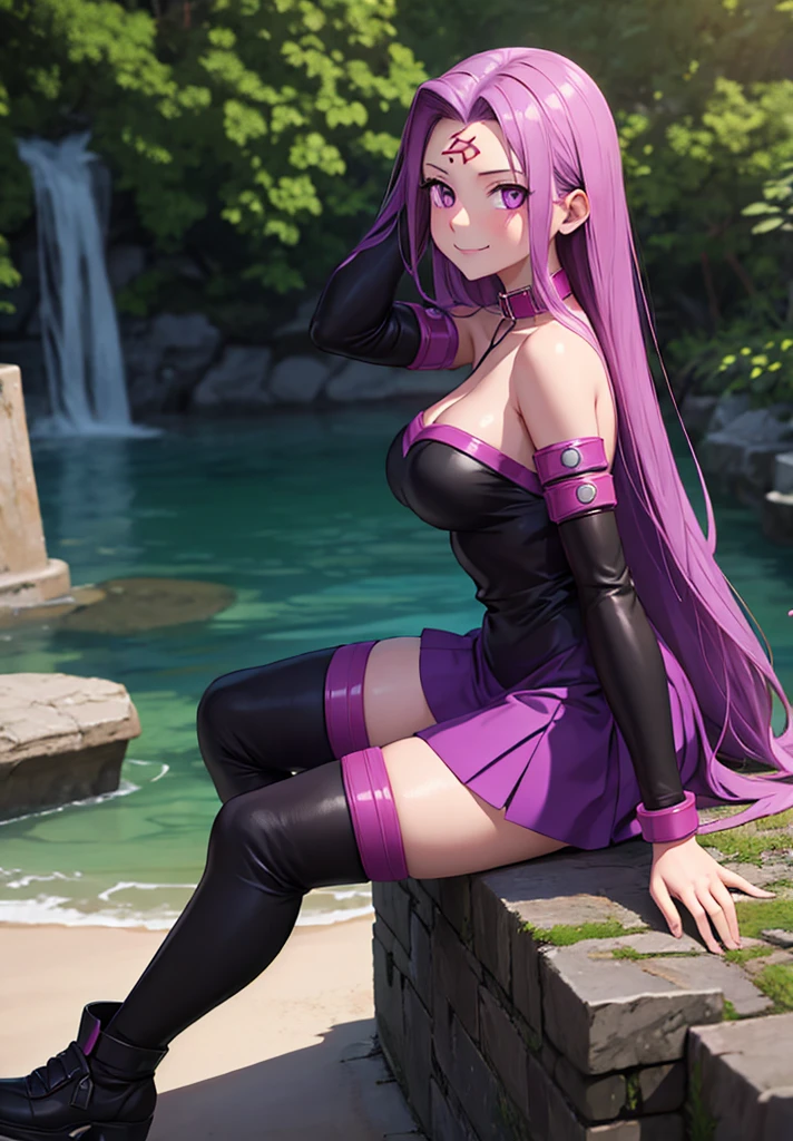 1girl, purple hair, absurdly long hair, forehead mark, purple eyes, animal collar, short dress, skirt, detached sleeves, arm belt, bracelet, thighhighs, sitting, from side, looking at viewer, smile, teeth, outdoors, ruins  score_9, score_8_up, score_7_up, score_6_up, score_5_up, score_4_up, (m-da s-tarou:0), masterpiece