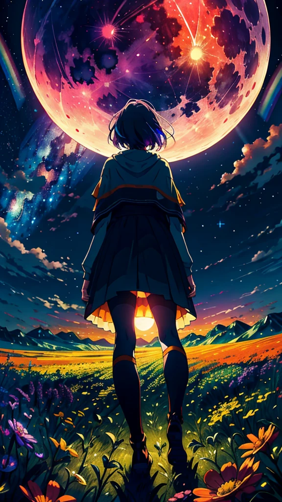  広大な風景写真 , (下からの眺め，上には空がある，下は空き地です), 少女は花畑に立って上を見上げる, (満月:1.2 - SeaArt AI