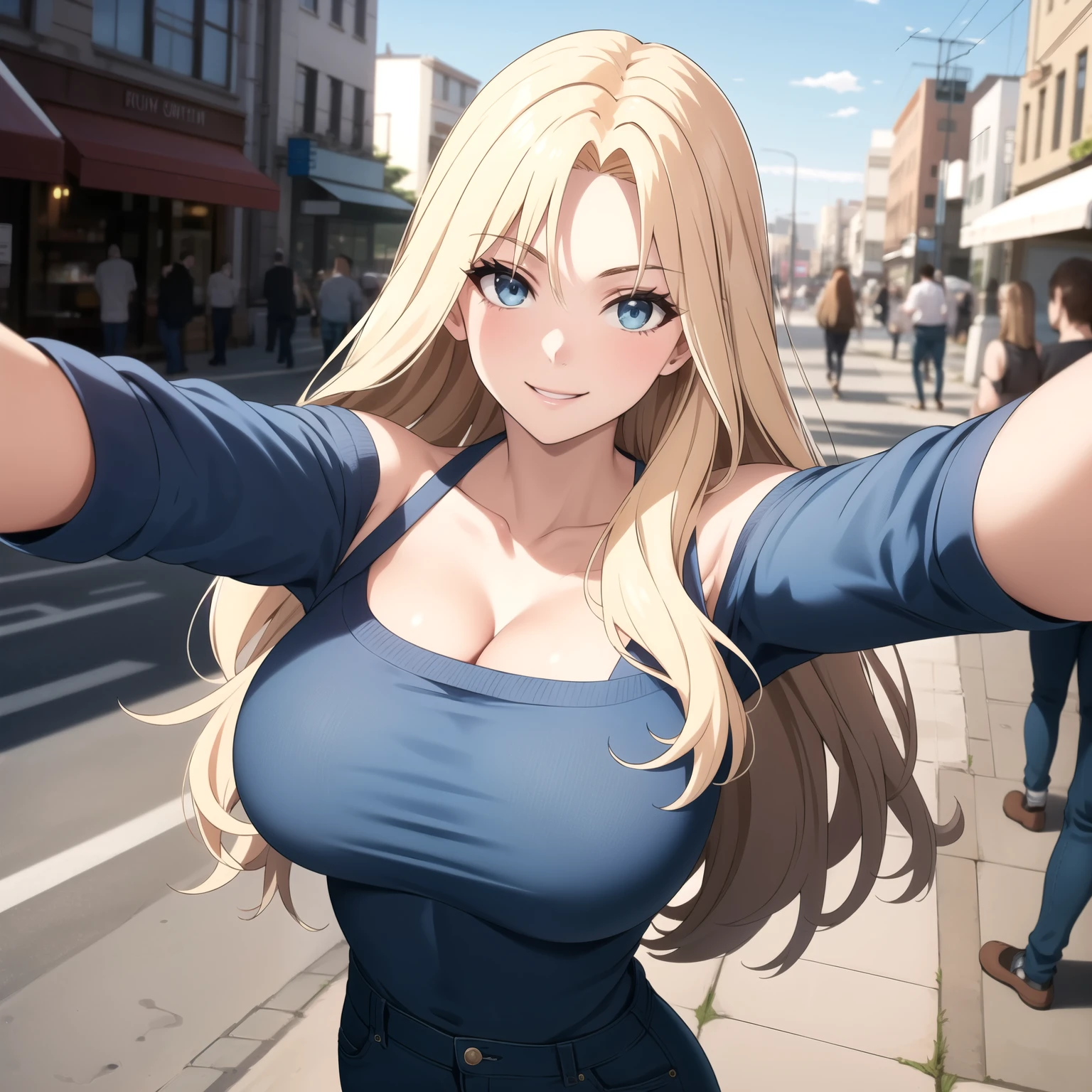 Row, 25 year old young woman. blonde hair with highlights, blue eyes like the sky. happy smile, big breasts, blue and white neckline top, skinny jeans,  background an urban city by day. selfie, selfie.