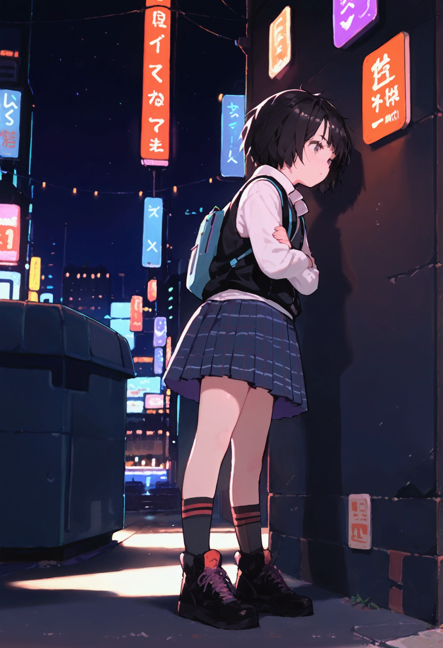 score_9, score_8_up, score_7_up, source_anime, outside, cyberpunk, city, night, sky, neon lights, cityscape, alley, 1girl, peni, white shirt, black vest, blue backpack, plaid skirt, black socks, black footwear, side view, close-up, standing, against wall, crossed arms, 