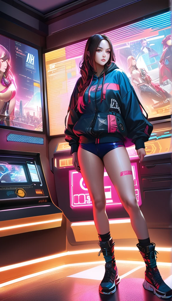 cyberpunk woman, pale skin, pawg, Bronx t-shirt, intricate cyberpunk outfit, bold colors, patterns, eye-catching accessories, trendy hairstyle, (best quality,4k,8k,highres,masterpiece:1.2),ultra-detailed,(realistic,photorealistic,photo-realistic:1.37),dramatic lighting,cinematic,digital art,concept art