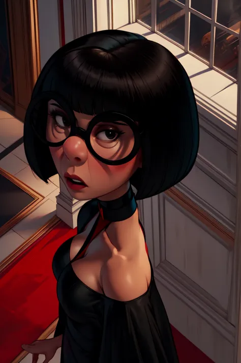 edna, black bob cut,round black-framed eyewear,black eyes,blunt bangs, solo,  
upper body,   standing,  cleavage,  from above,  ...