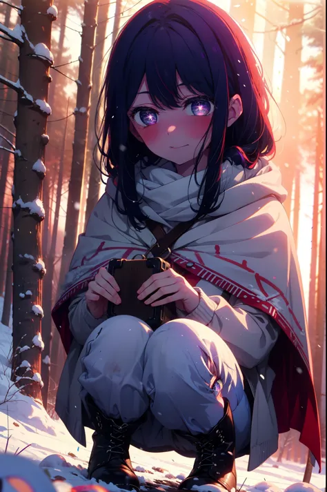 aihoshino, Ai Hoshino, Long Hair, bangs, (Purple eyes:1.1), Purple Hair, (Symbol-shaped pupil:1.5), smile,,smile,blush,white breath,
Open your mouth,snow,Ground bonfire, Outdoor, boots, snowing, From the side, wood, suitcase, Cape, Blurred, , forest, White handbag, nature,  Squat, Mouth closed, Cape, winter, Written boundary depth, Black shoes, red Cape break looking at viewer, Upper Body, whole body, break Outdoor, forest, nature, break (masterpiece:1.2), Highest quality, High resolution, unity 8k wallpaper, (shape:0.8), (Beautiful and beautiful eyes:1.6), Highly detailed face, Perfect lighting, Highly detailed CG, (Perfect hands, Perfect Anatomy),