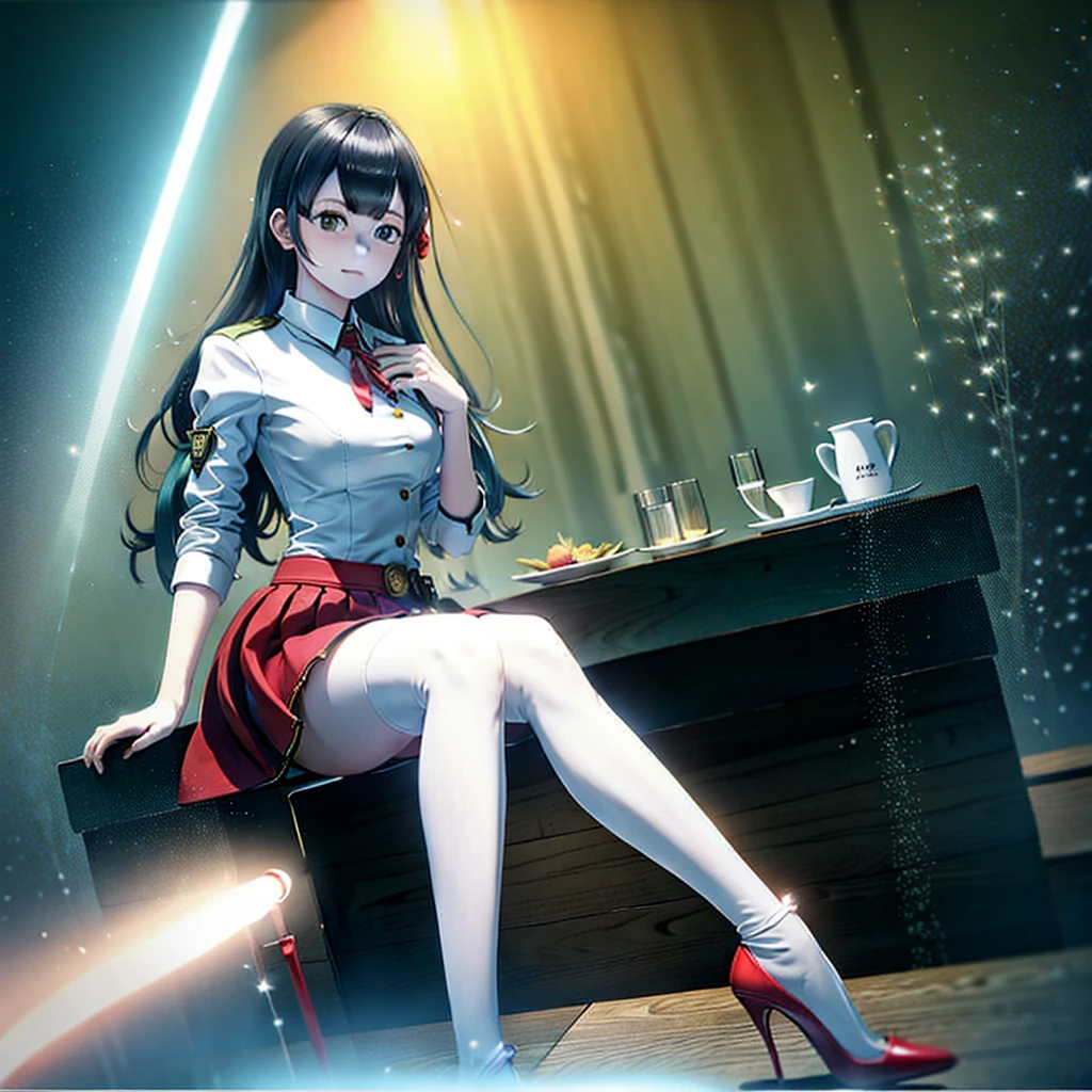 masterpiece, white shirt, green skirt ,red tie, red hair ribbon, 8k, lin, black hair, black high heels, sit on the table