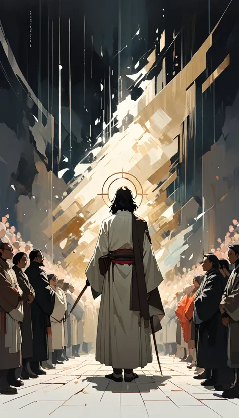 Jesus Christ in the middle of a crowd, golden ratio, fake detail, trending pixiv fanbox, acrylic palette knife, style of makoto ...