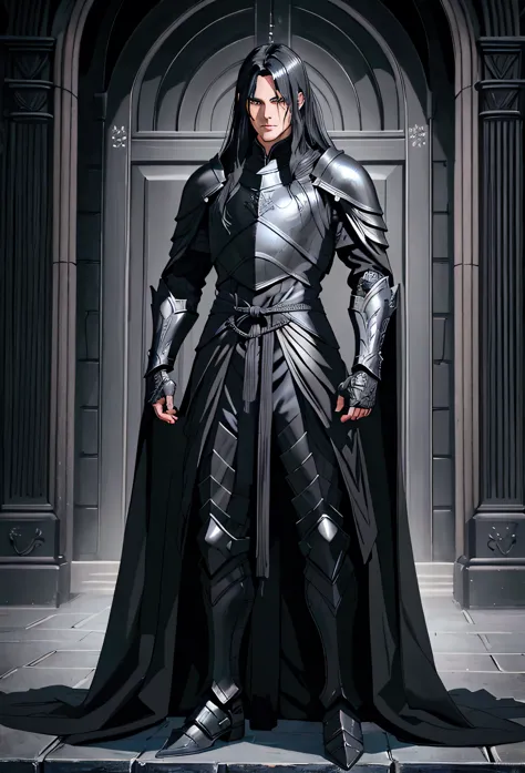 handsome man, black robe, black steel armor, long tied black hair, detailed face, detailed black armor, very detailed everything (face, eyes, arms, fingers, clothes and armor, both legs), background of the palace gate,