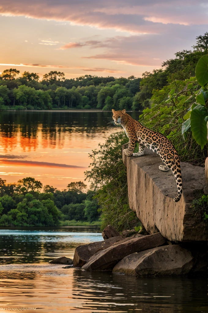 Portrait of a jaguar swimming in its natural habitat. Some vegetation in the background. afternoon time, colorful sky. national georaphy photography, wildlife photography. In the style of Frans Lanting.  realistic photography. Ultra HD HDR 32k. --at 5.1, AR 16:9, -- Chaos 1