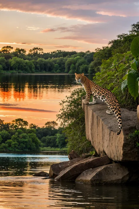 Portrait of a jaguar swimming in its natural habitat. Some vegetation in the background. afternoon time, colorful sky. national ...