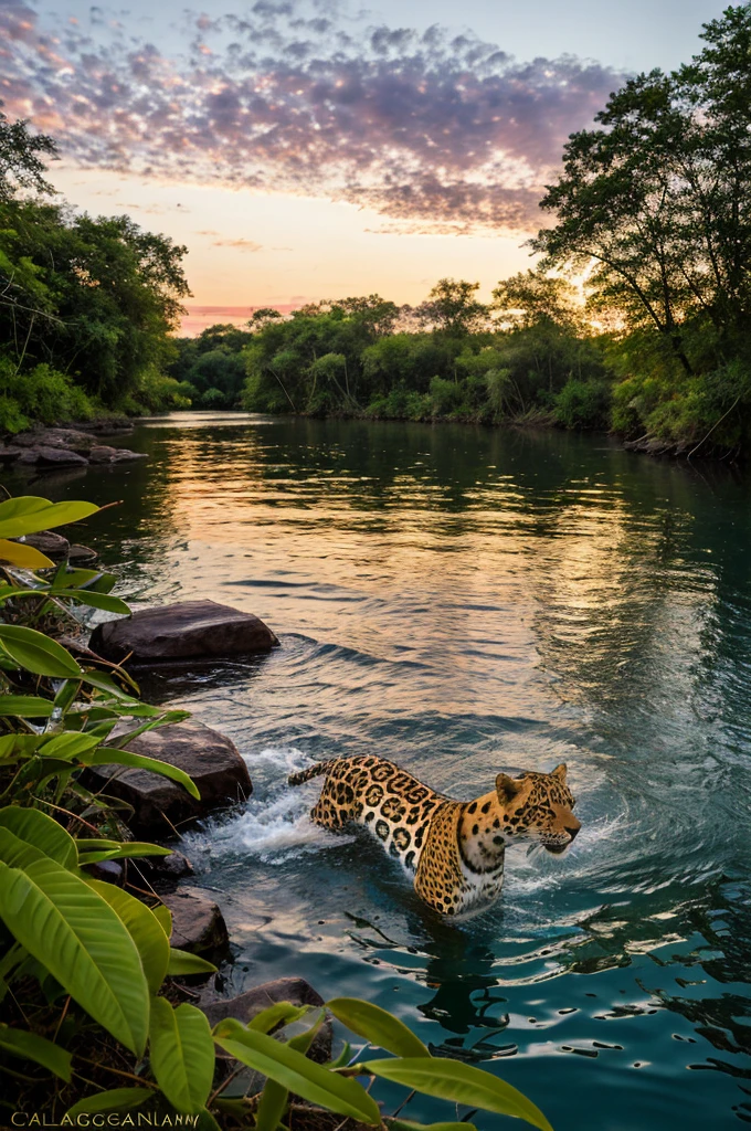 Portrait of a jaguar swimming in its natural habitat. Some vegetation in the background. afternoon time, colorful sky. national georaphy photography, wildlife photography. In the style of Frans Lanting.  realistic photography. Ultra HD HDR 32k. --at 5.1, AR 16:9, -- Chaos 1