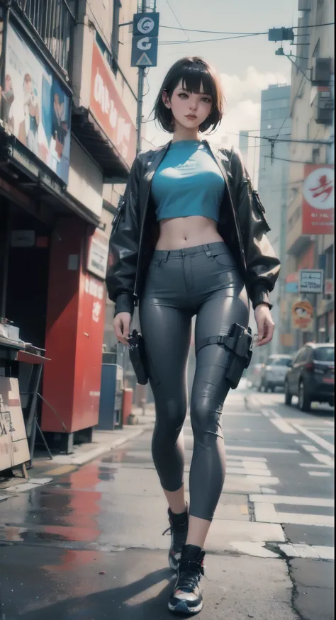 Masterpiece, high definition, ultra detailed, 8k, Full body, standing tall, arafed beautiful lady in grey jacket and white pants standing on street corner, high waist cargo pants, tosca-blue T-shirt, crop top, cyberpunk city, standing tall, busty, in a city street, Shifted Bangs Japanese Haircut, wearing urban techwear, realistic depiction, standing in a city center, an ultra realistic, promo image, techwear look and clothes, in city street, hyper-realistic, hyper - realistic, wojtek fus, hyper realistic style