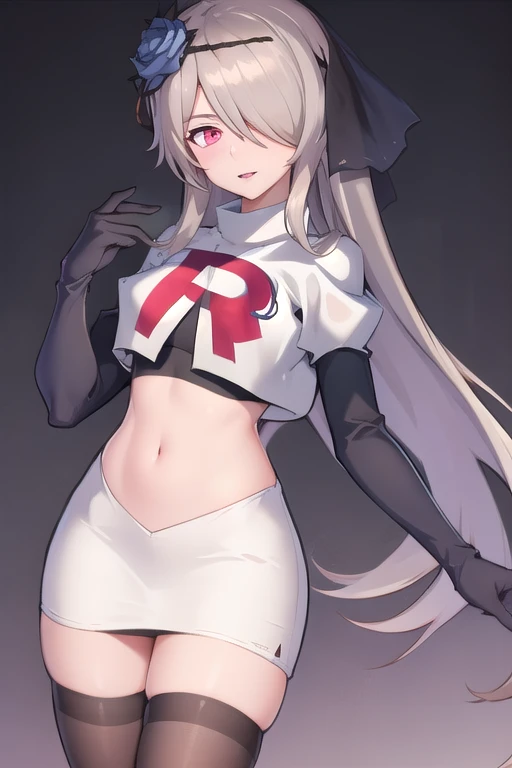 rita rossweisse, brown hair, long hair, hair over one eye, eyes visible through hair, hair flower, blue rose, red eyes, swept bangs, mole under eye, team rocket,team rocket uniform,white skirt,red letter R,crop top,black thigh-highs,black elbow gloves