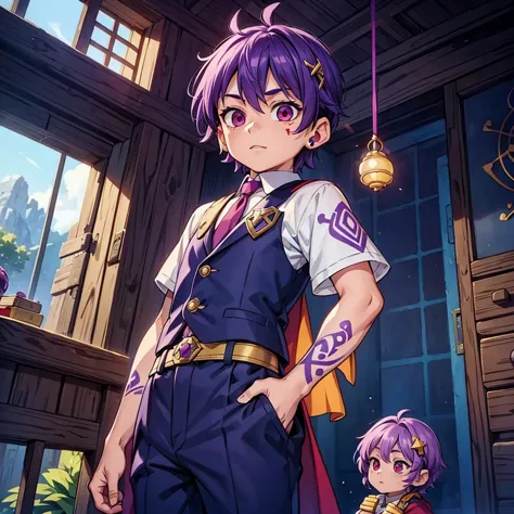 male little kid, ((rune tattoos)), purple hair, red eyes, circlet with a stone at the center, prince villager suit