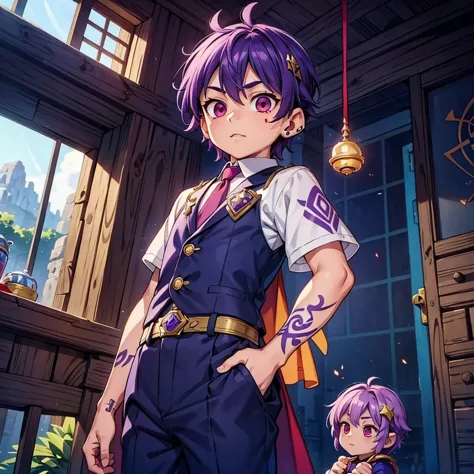 male little kid, ((rune tattoos)), purple hair, red eyes, circlet with a stone at the center, prince villager suit