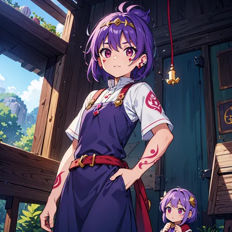 female little kid, ((rune tattoos)), purple hair, red eyes, circlet with a stone at the center, princess villager dress