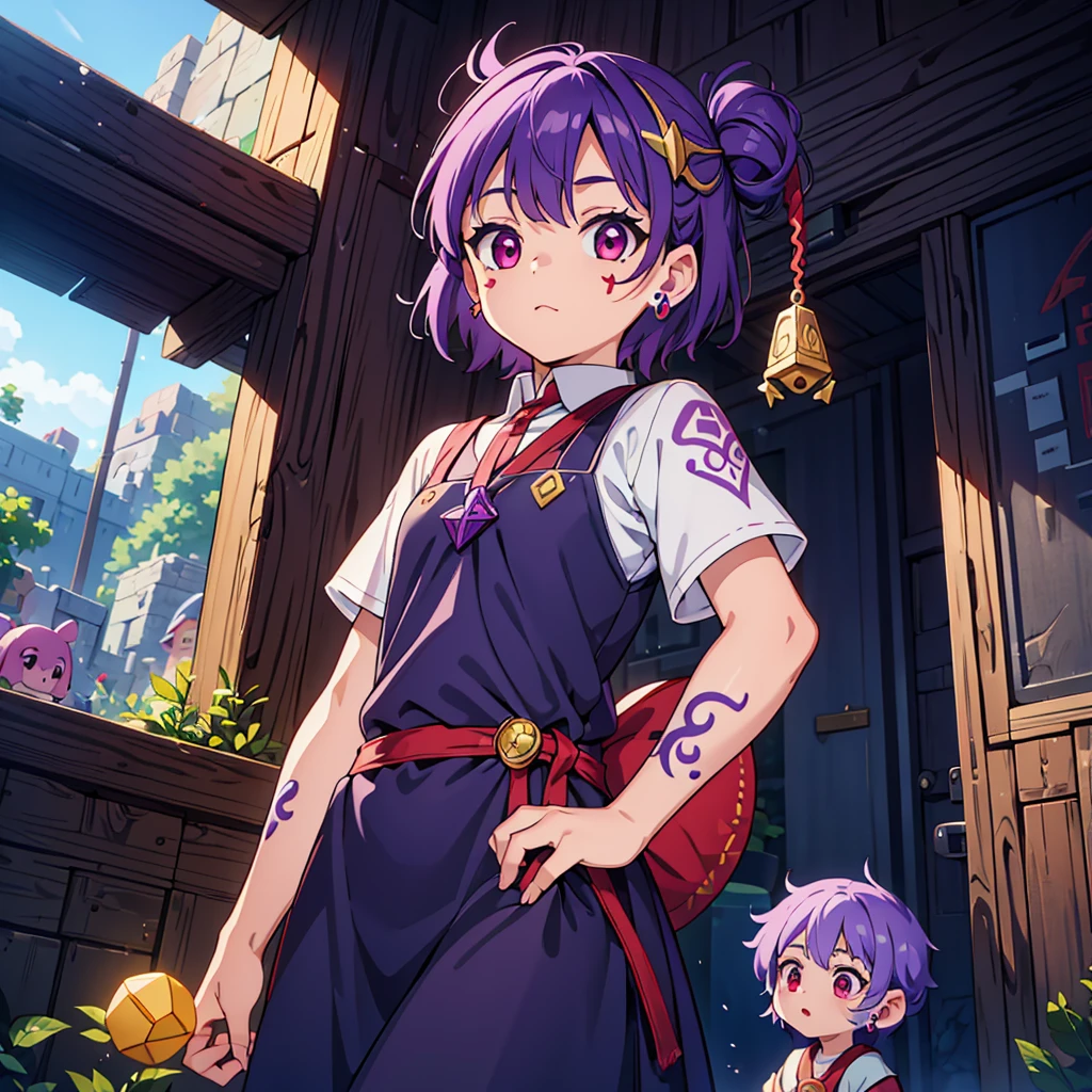 Female Little Kid, ((RUNE TATTOOS)), Purple Hair, Red Eyes, Circlet With a Stone at the Center, Princess Villager Dress