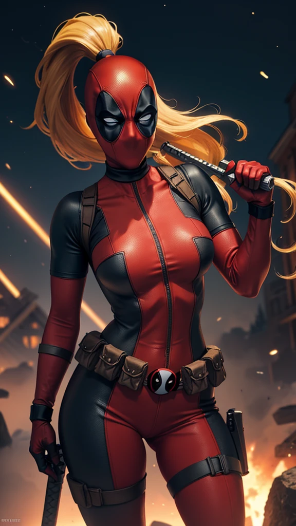 masterpiece, best quality, highres, contrapposto,
BodySuit_lady_deadpool_ownwaifu,
1girl, mask, blonde hair, ponytail, long hair, large breasts, no pupils, 
bodysuit, skin tight, superhero, belt pouch, utility belt, red bodysuit, gloves, weapon on back, thigh pouch, thigh strap, thigh holster, belt buckle, turtleneck, 
light particles, depth_of_field, scenery, night, aerial fireworks, solo, cowboy shot, looking at viewer,