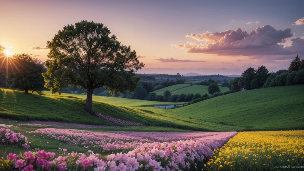 masterpiece , best quality ,sunset, tree, ,white flower ,pink flower  , lots of flowers,big flower,colorful flowers,realistic,countryside