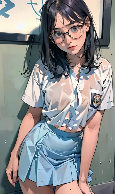 18 years old girl, (((at park))), (transparent white shirt), (wet shirt), (mini skirt), (pastel blue skirt), RAW photo, (photore...
