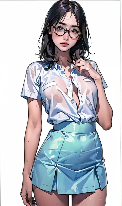 18 years old girl, (((at park))), (transparent white shirt), (wet shirt), (mini skirt), (pastel blue skirt), RAW photo, (photore...