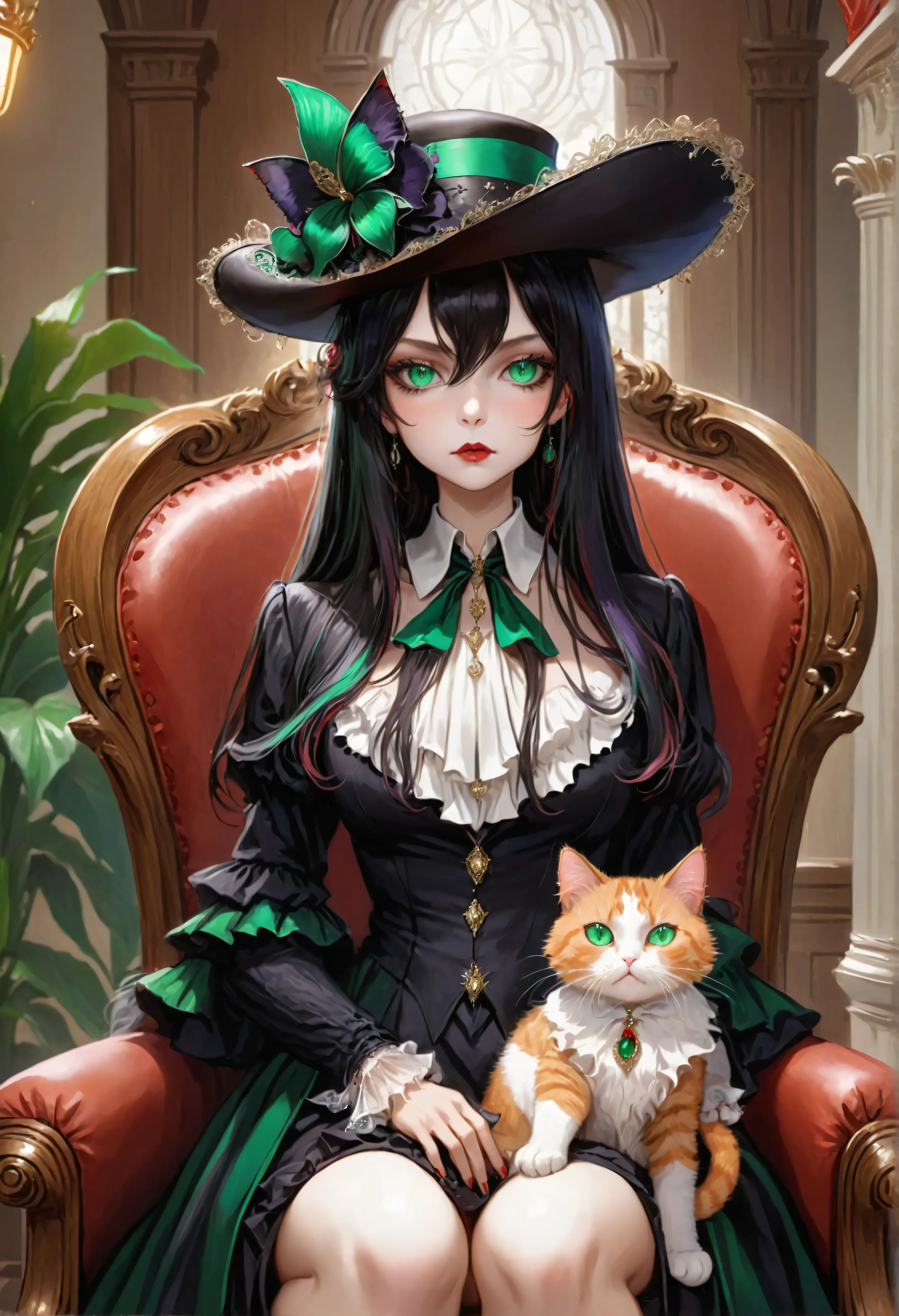 (stunning extravagant) vampire lawyer (sitting in court), (holding calico cat), (strict lawyer attire with rich embellishments:1...