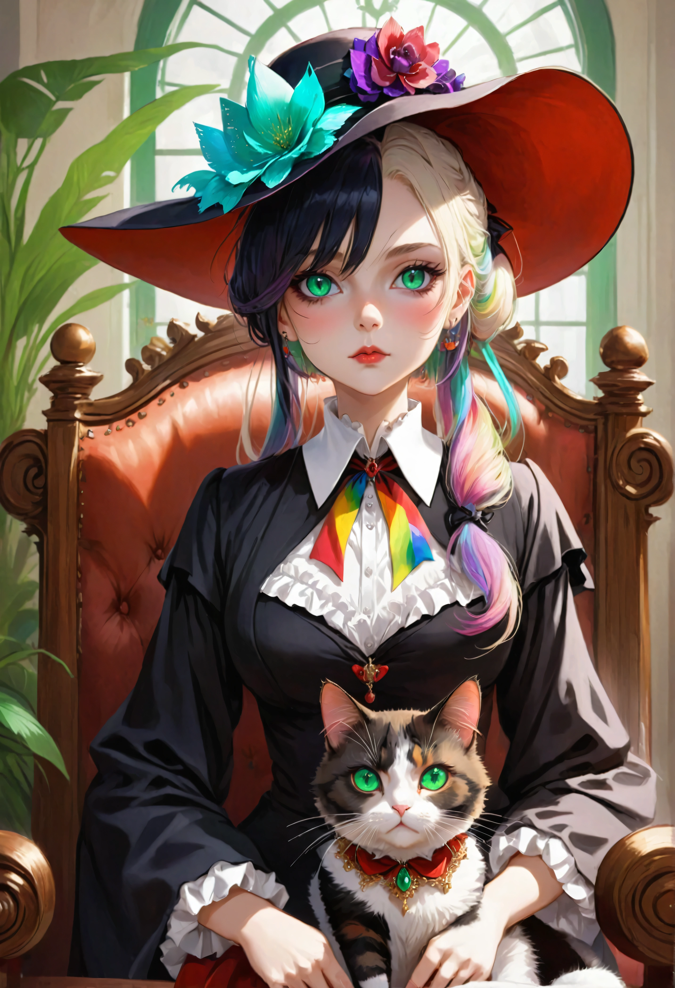 (Stunning extravagant) vampire lawyer (sitting in court), (holding calico cat), (strict lawyer attire with rich embellishments:1.1), (whimsical hat), rainbow bun hair, sparkling emerald eyes, (exotic rich court interior:1.2), plants, bright colors, masterpiece in maximum 16K resolution, best quality, ultra detailed, aesthetics, absurdes.
