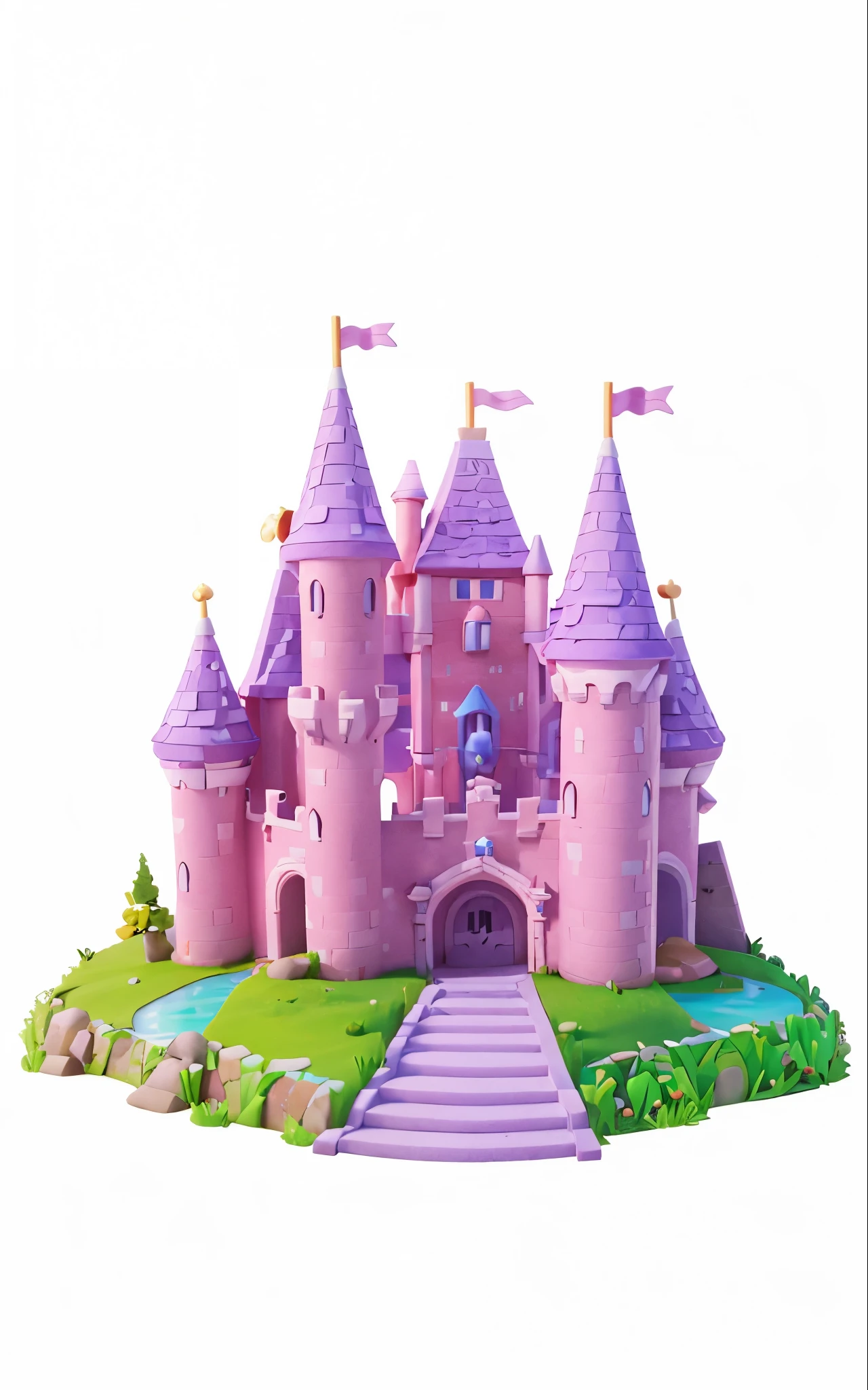 Um belle castelo rosa, À la manière de Pixar, Disney, 3D, belle, un château rose et lilas, com grama e alguns belles lagos com água azul, et de l'herbe sur les pierres.