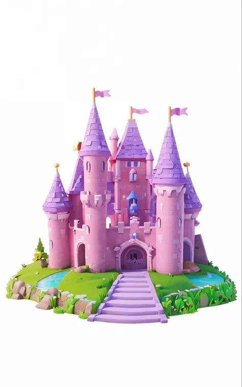 Um comely castelo rosa, Pixar-style, Disney, 3d, comely, pink and lilac castle, com grama e alguns comelys lagos com água azul, and grass on the stones.