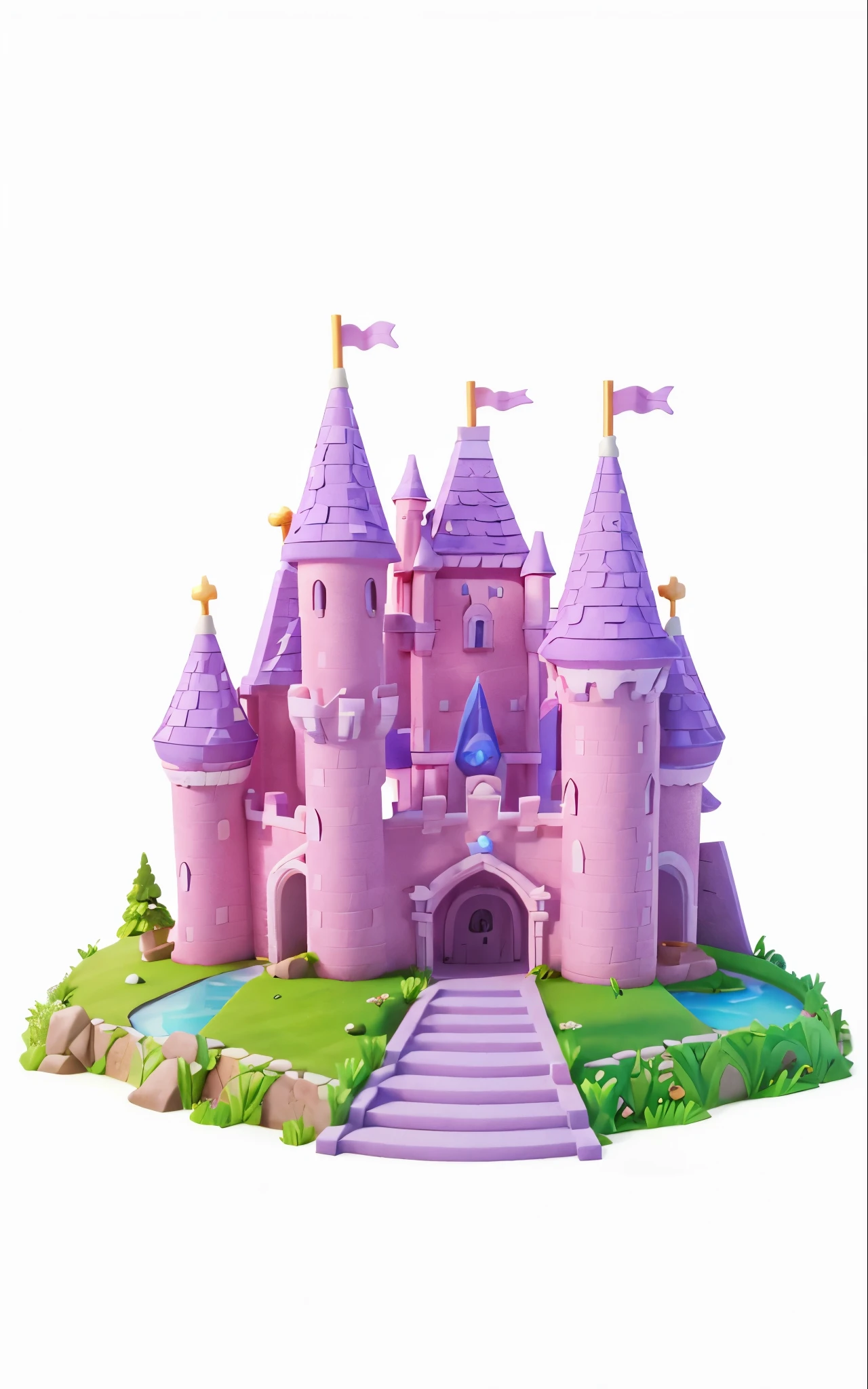 Um Atraente castelo rosa, Estilo Pixar, Disney, 3d, Atraente, Castelo rosa e lilás, com grama e alguns Atraentes lagos com água azul, e grama nas pedras.