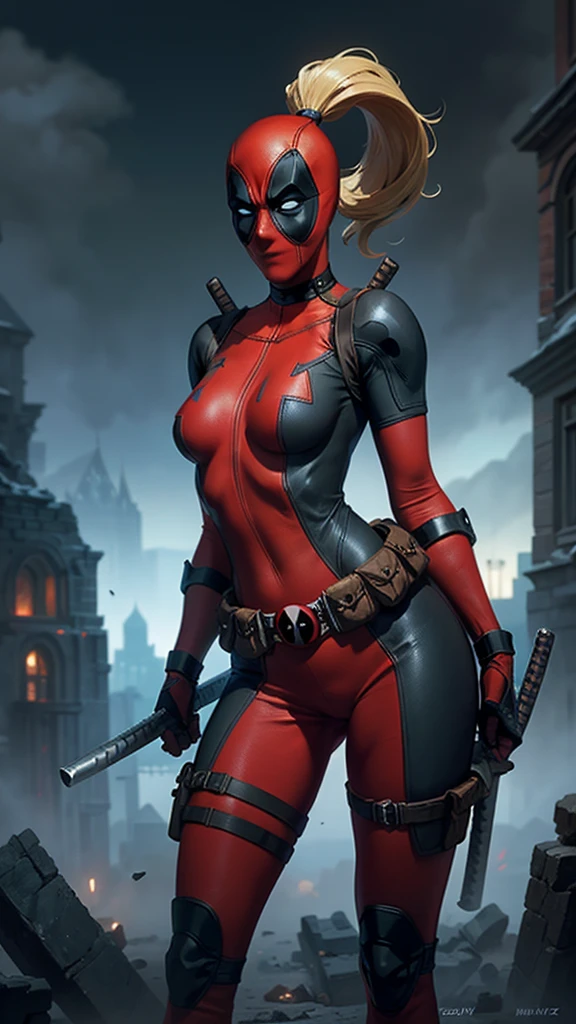 masterpiece, best quality, highres, contrapposto,BodySuit_lady_deadpool_ownwaifu,
1girl, mask, blonde hair, ponytail, long hair, large breasts, no pupils, 
bodysuit, skin tight, superhero, belt pouch, utility belt, red bodysuit, gloves, weapon on back, thigh pouch, thigh strap, thigh holster, belt buckle, turtleneck, light particles, depth_of_field, scenery, night, closeup, solo,Epic Fantasy Art Style HD, 4K fantasy art, epic fantasy digital art style, epic fantasy art style, Fantasy Woman, epic fantasy art portrait, Epic fantasy style, hyperrealistic fantasy art, hd fantasy art, Epic fantasy character art, epic fantasy art, in style of dark fantasy art, epic fantasy digital art, ,(Fondo de ruinas de mazmorra en ruinas:1.4 ), (iluminación cinematográfica :1.4), (pose vaquero), (Lady Deadpool:1.4), (Lady Deadpool:V2.1), 