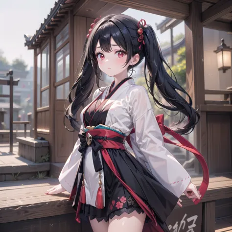 1 adult tall lady, light beige black hair, beautiful japan classical town background, (twintails, red eyes, black and red gothic...