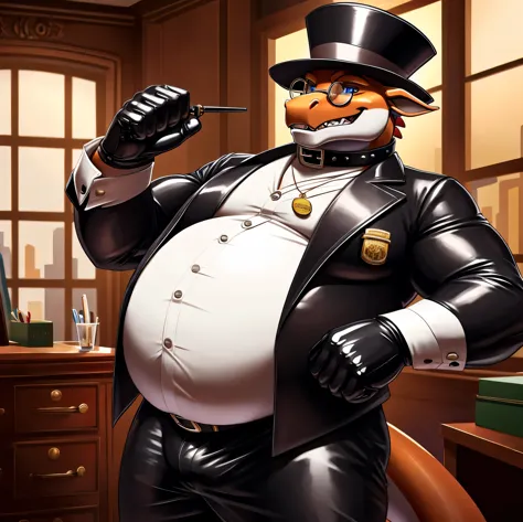 Solo, Male, fat, extremely obese, gentleman, dapper Professor Dragon, blue eyes, (posing:1.3), (soft shading), 4k, hi res, ((detailed face, detailed)), looking at viewer, mouth wide open, steampunk, large belly, bulging belly, dapper clothing, collared shirt with buttons, top hat, male focus, Explorer Outfit, glasses, monocle, vest with buttons, sleeves rolled up, round eyewear, brown headwear, brown vest, office, Dragon is wearing a glossy leather dog collar around the neck, Dragon is wearing the leather collar and shirt and vest at the same time, Dragon is wearing glossy white rubber gloves on the hands, wearing white rubber gloves on the feet, gloves are rubber in texture, clenching teeth, clenching fists, leather collar is glossy and shiny with a lot of detail, Dragon is wearing gloves and leather collar at the same time, leather collar has a round dog-tag, leather collar is thick and detailed, leather collar is glossy and shiny, fancy clothing, dapper vest, dapper shirt, leather collar is thick, glossy leather collar, leather collar is thick and glossy, rolled up sleeves, leather collar is somewhat wide.