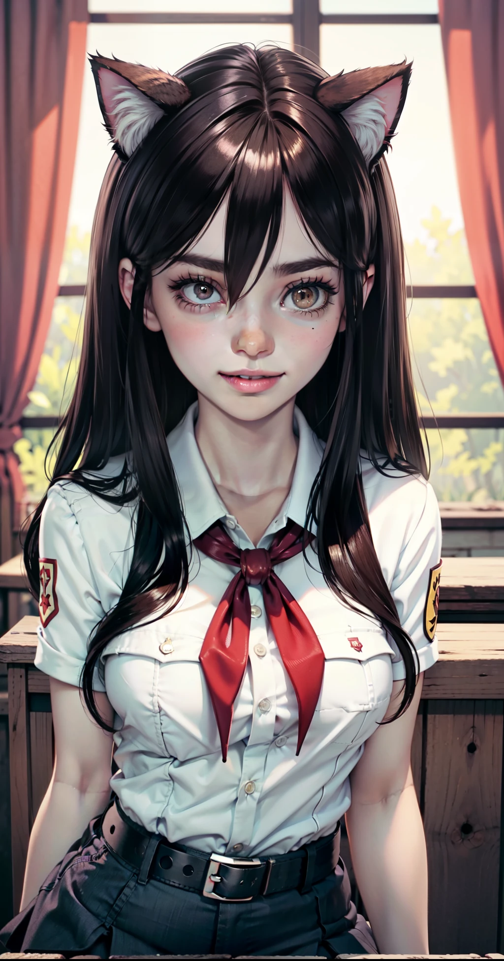 very young slim fit girl, at full height, (rounded face:1.2), very long disheveled dark brown hair, (big brown eyes:1.2), horny face, horny smile, perfect flat breast, band on head with fake cat ears, parororo, pioneer neckerchief, blue thight microskirt, bangs, shirt, collarbone, white shirt, short sleeves, collared shirt, belt, neckerchief, eyelashes, red neckerchief, breast pocket, ariawm, accurate snub nose, (very long strand of hair between eyes:1.3), summer night, forest